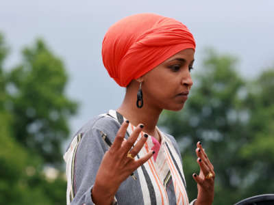 Rep. Ilhan Omar (D-Minnesota) speaks during a press conference held outside of the U.S. Capitol Building on June 14, 2022 in Washington, D.C.