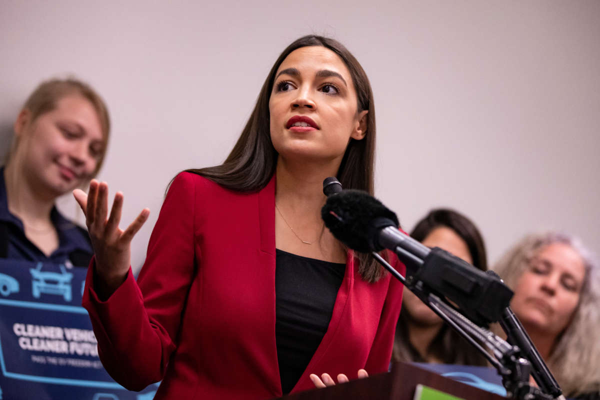 Rep. Alexandria Ocasio-Cortez speaks during a press conference on Capitol Hill on February 6, 2020, in Washington, D.C.