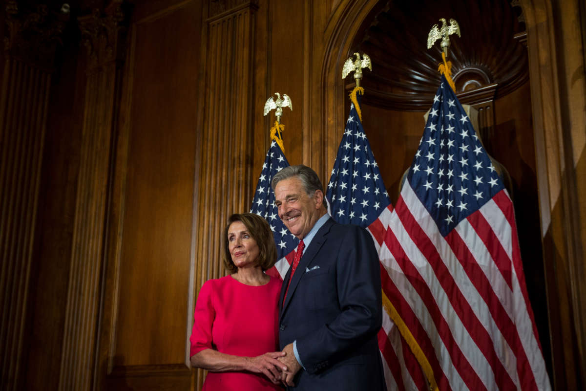 House Speaker Nancy Pelosi is pictured with her husband, Paul Pelosi, on Capitol Hill on January 3, 2019, in Washington, D.C.
