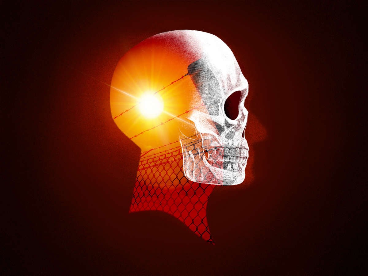 An illustration of a man's skull set against the sun behind prison bars