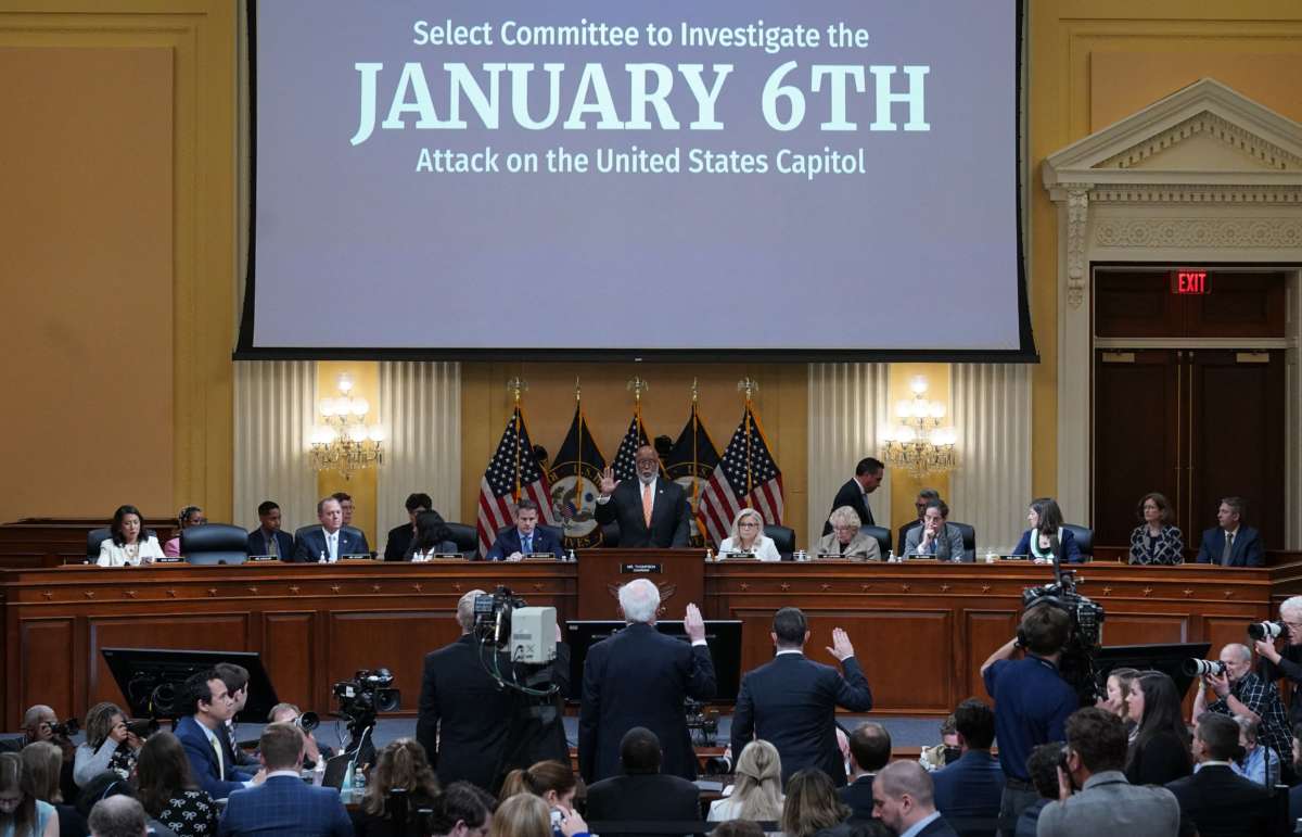 Two witnesses are sworn in by committee chairman Rep. Bennie Thompson during the fifth hearing by the House select committee to investigate the January 6 Capitol attack