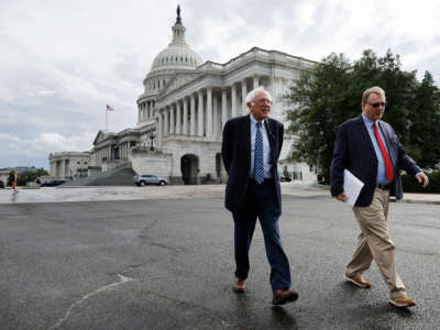 Senate Budget Committee Chairman Bernie Sanders walks out of the U.S. Capitol on July 25, 2022, in Washington, D.C.