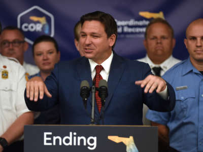 Florida Gov. Ron DeSantis speaks at a press conference at the Space Coast Health Foundation in Rockledge, Florida, on August 3, 2022.