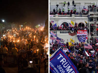 On the left, neo-Nazis, members of the "alt-right" and white supremacists encircle counter protestors at the base of a statue of Thomas Jefferson after marching through the University of Virginia campus with torches in Charlottesville, Virginia, on August 11, 2017; on the right, Trump supporters storm the Capitol on January 6, 2021.