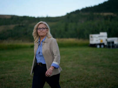 Rep. Liz Cheney walks to an election night event after polls close during the Republican primary election, at the Mead Ranch on August 16, 2022, in Jackson Hole, Wyoming.