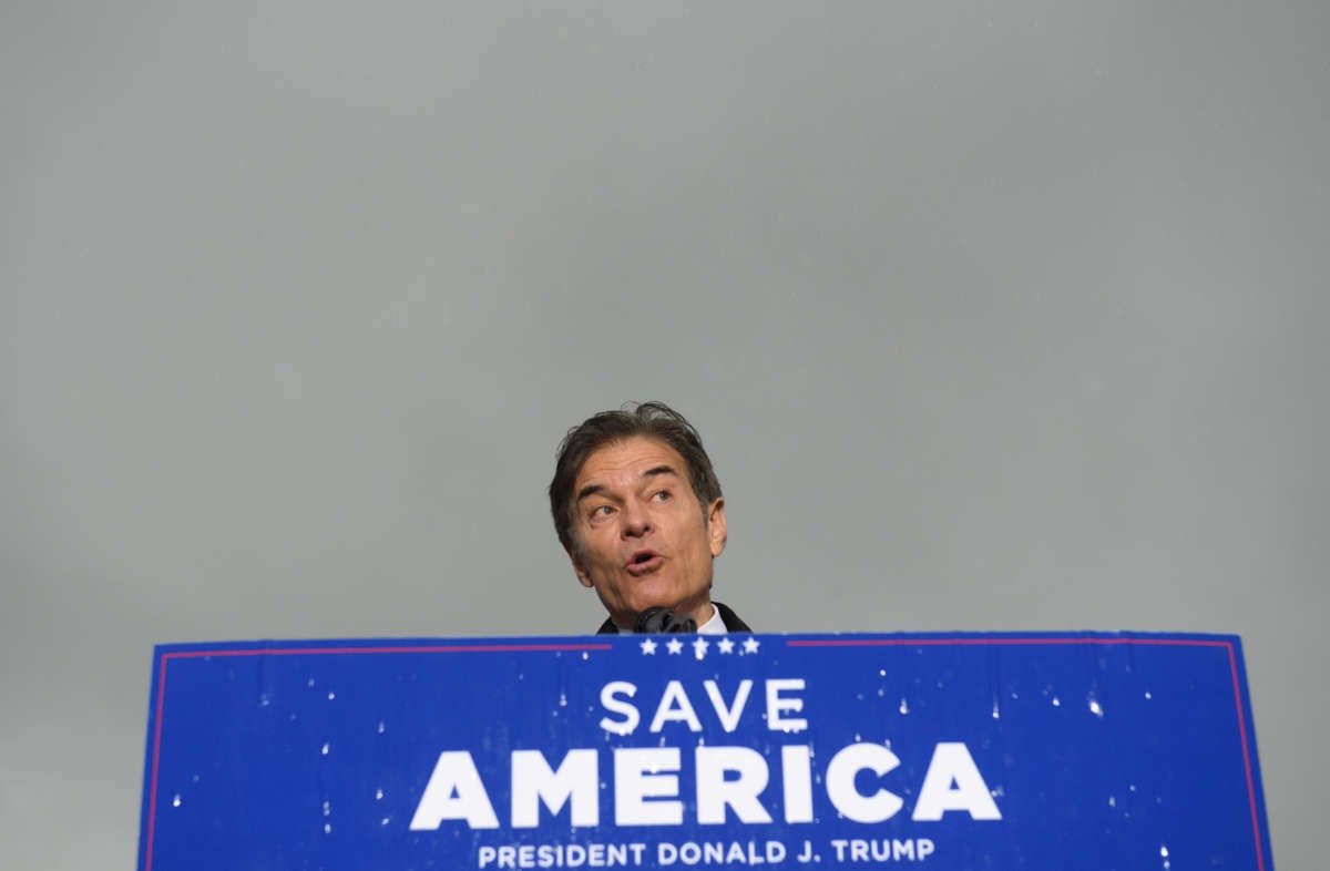 Republican Senate candidate Mehmet Oz speaks at a rally in support of his campaign sponsored by former President Donald Trump at the Westmoreland County Fairgrounds on May 6, 2022, in Greensburg, Pennsylvania.