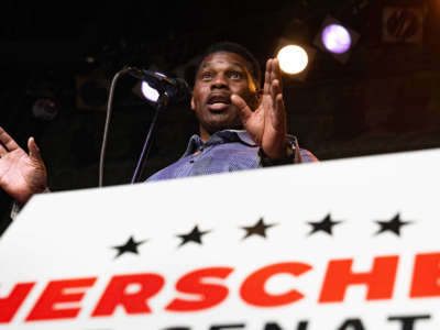 Republican senatorial candidate Herschel Walker speaks at a rally on May 23, 2022, in Athens, Georgia.