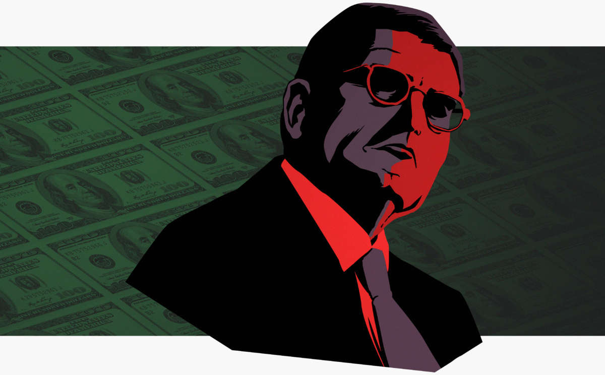 Illustration of Leonard A. Leo in red and purple over a green photo of hundred dollar bills being printed