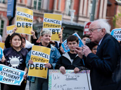 Sen. Bernie Sanders speaks at a student loan forgiveness rally on Pennsylvania Avenue and 17th Street near the White House on April 27, 2022, in Washington, D.C.