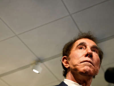 Steve Wynn listens to a reporter's question about a planned casino in Everett during a press conference in Medford, Massachusetts, on March 15, 2016.