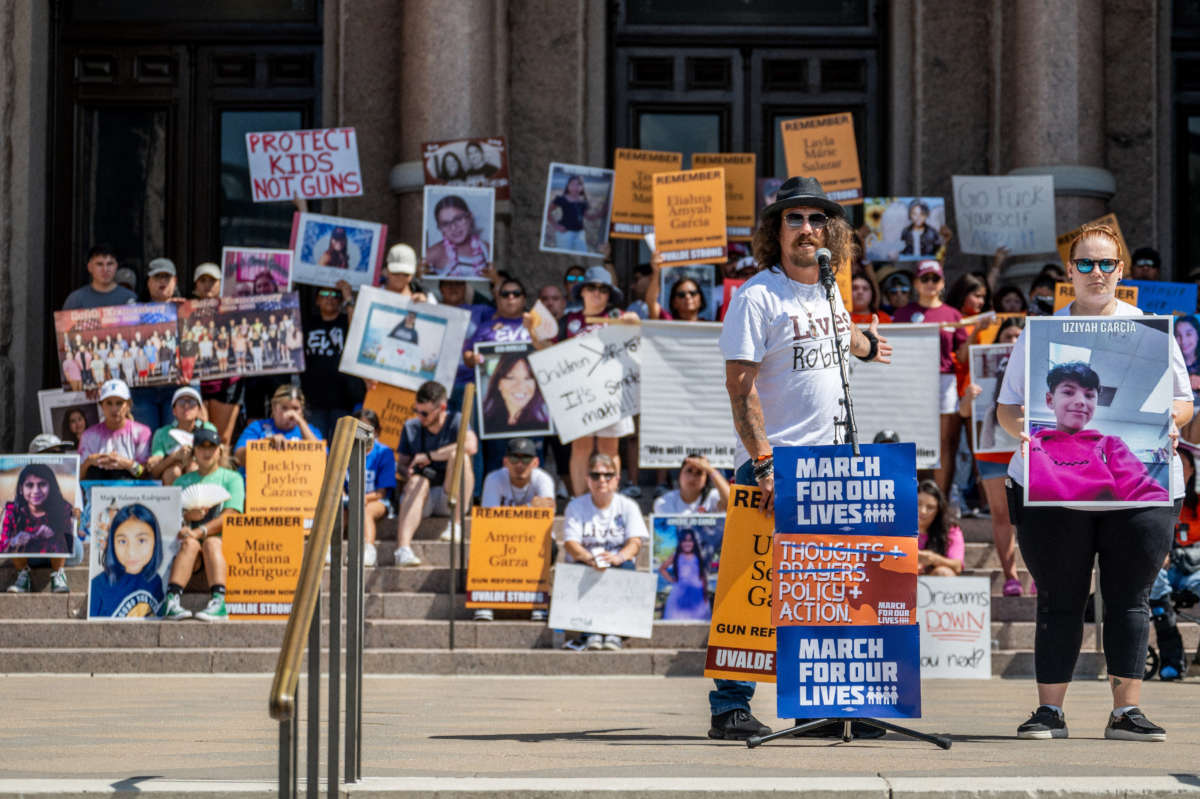 The Garcia family speak about their child Uziyah Garcia, who was murdered during the mass shooting at Robb Elementary School, during a March For Our Lives rally on August 27, 2022, in Austin, Texas.