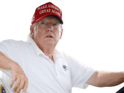 Former President Donald Trump looks on during the pro-am prior to the LIV Golf Invitational - Bedminster at Trump National Golf Club Bedminster on July 28, 2022, in Bedminster, New Jersey.