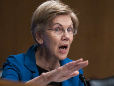 Sen. Elizabeth Warren asks questions during a Senate Banking, Housing, and Urban Affairs Committee hearing on May 10, 2022, in Washington, D.C.