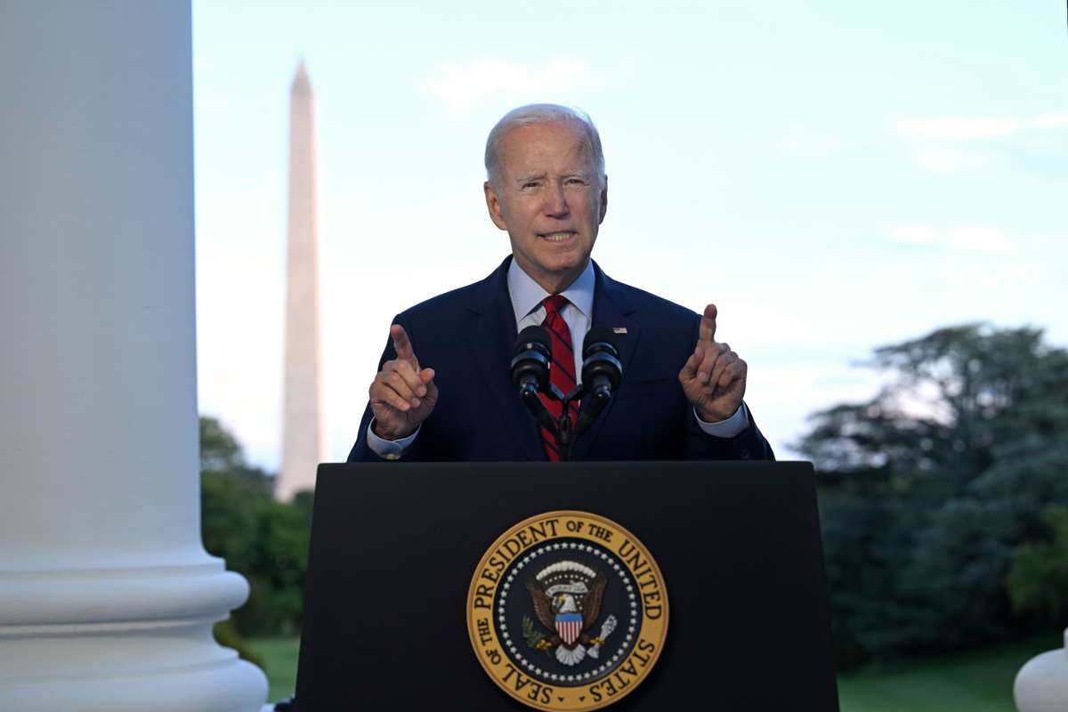 President Joe Biden speaks from the Blue Room balcony of the White House on August 1, 2022, in Washington, D.C.