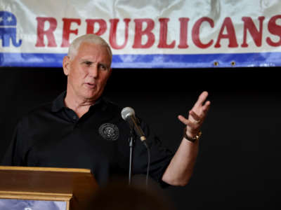 Former Vice President Mike Pence speaks at the Bremer County Republicans' Grill and Chill lunch on August 20, 2022, in Waverly, Iowa. Pence was introduced as "the next president of the United States" during the event.