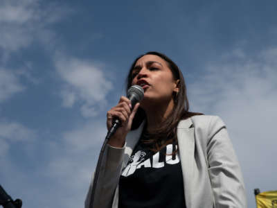 Rep. Alexandria Ocasio-Cortez (D-New York) speaks at a labor rally on April 24, 2022 in New York City.
