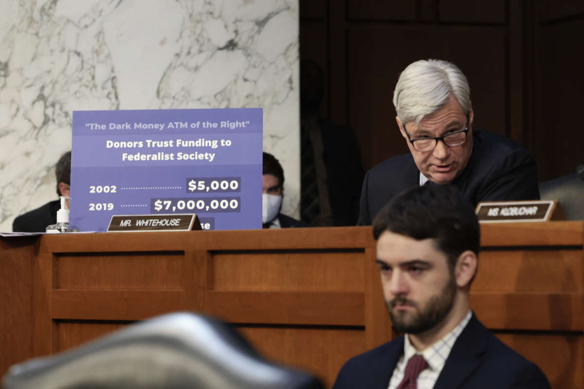 Sen. Sheldon Whitehouse (D-Rhode Island) during a hearing in the Hart Senate Office Building on Capitol Hill, March 22, 2022 in Washington, D.C.