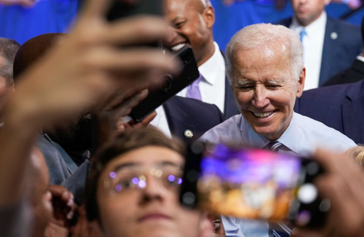 President Joe Biden greets supporters after speaking at a rally hosted by the Democratic National Committee at Richard Montgomery High School on August 25, 2022, in Rockville, Maryland.