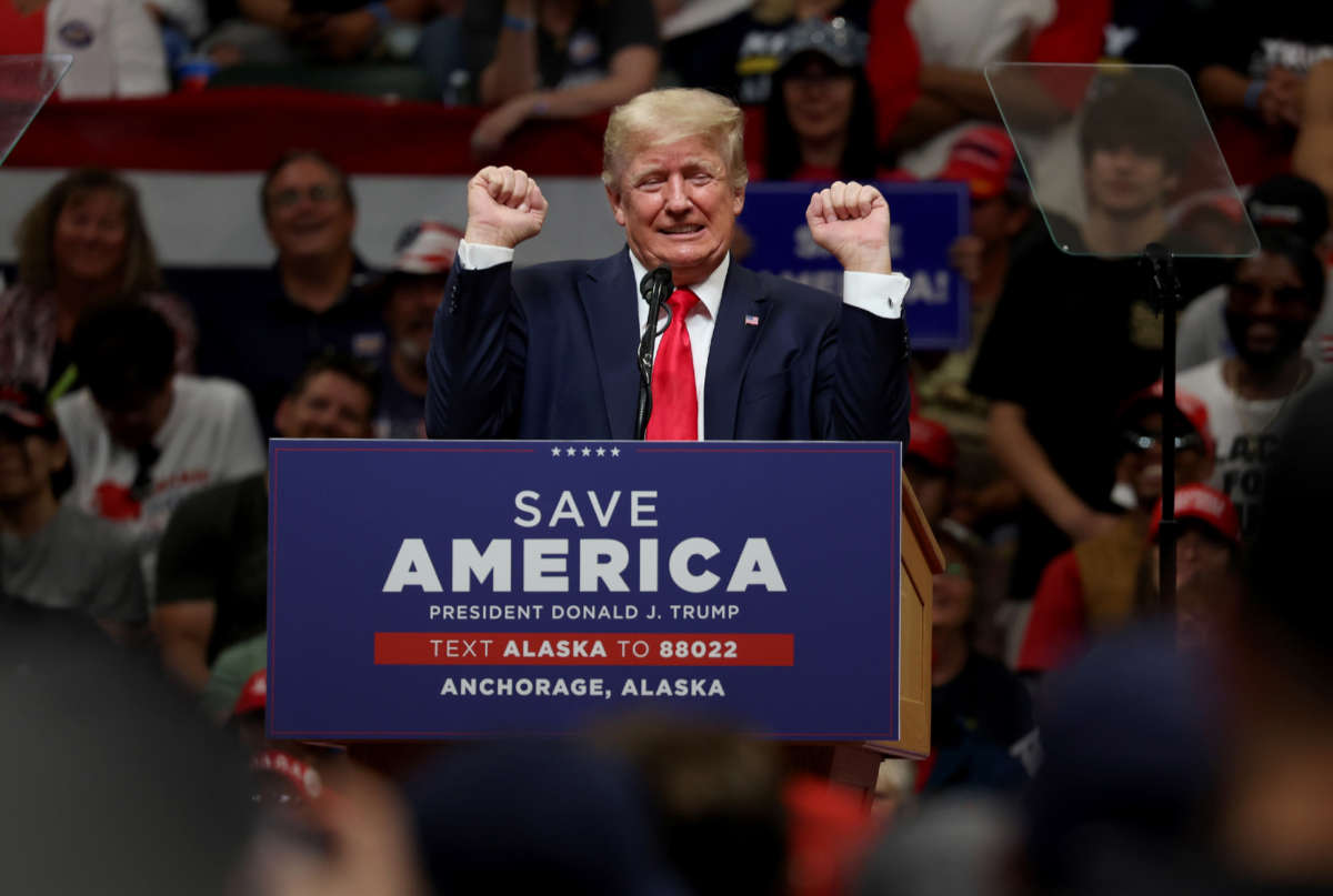 Former President Donald Trump speaks during a rally at Alaska Airlines Center on July 9, 2022, in Anchorage, Alaska.