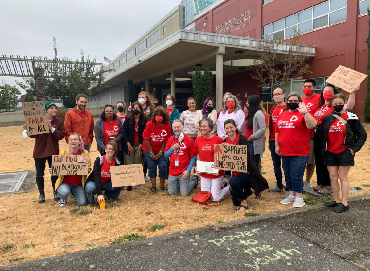 The bargaining team for the Seattle Education Association is pictured at the John Stanford Center for Educational Excellence on August 2022.