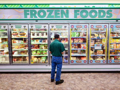 A man stands in front of a refrigerated section of a store, a sign reading "FROZEN GOODS" hanging above them