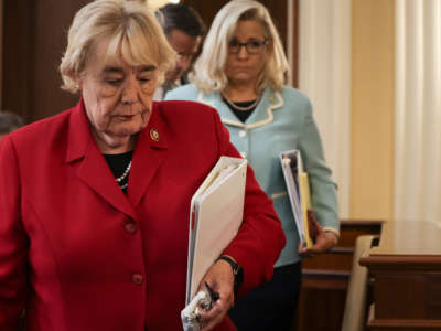 Reps. Zoe Lofgren and Liz Cheney leave following a hearing on the January 6th investigation in the Cannon House Office Building on June 13, 2022, in Washington, D.C.