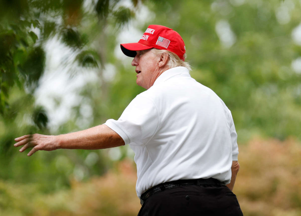 Former President Donald Trump waves at Trump National Golf Club Bedminster on July 29, 2022, in Bedminster, New Jersey.