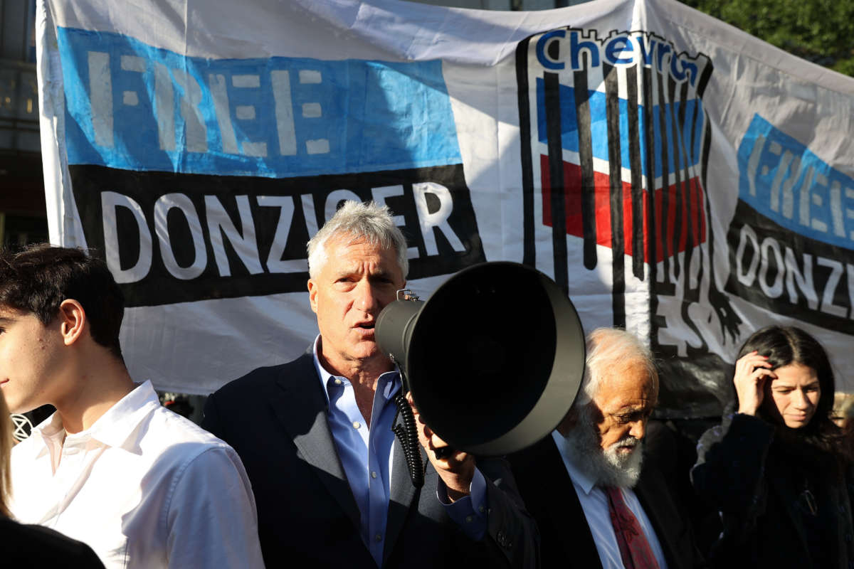 Steven Donziger appears at a rally in front of the Manhattan Court House in New York City on October 1, 2021.