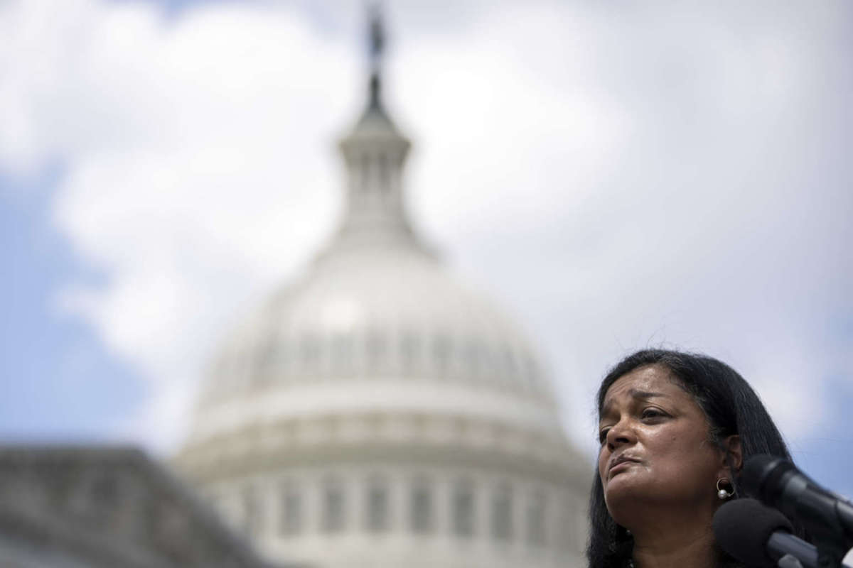 Rep. Pramila Jayapal speaks during a news conference announcing a resolution to condemn "Great Replacement Theory" outside the U.S. Capitol on June 8, 2022, in Washington, D.C.