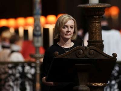 British Prime Minister Liz Truss gives a reading at a service at St Paul's Cathedral on September 9, 2022, in London, England, following the passing of Britain's Queen Elizabeth.