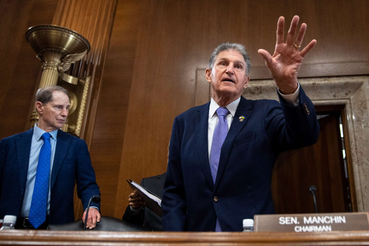 Sen. Joe Manchin arrives for a Senate Committee on Energy and Natural Resources hearing on Capitol Hill on September 29, 2022, in Washington, D.C.