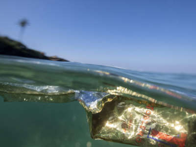 In this picture taken on December 31, 2021, a plastic bag floats in the waters of the Indian ocean near the town of Ahangama in Galle.