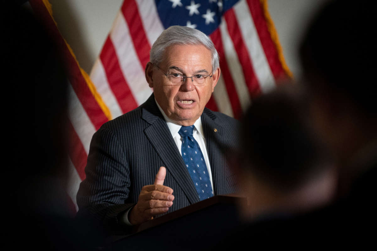 Sen. Bob Menendez speaks during a news conference following the Senate Democratic Policy Luncheon in Washington on May 18, 2021.