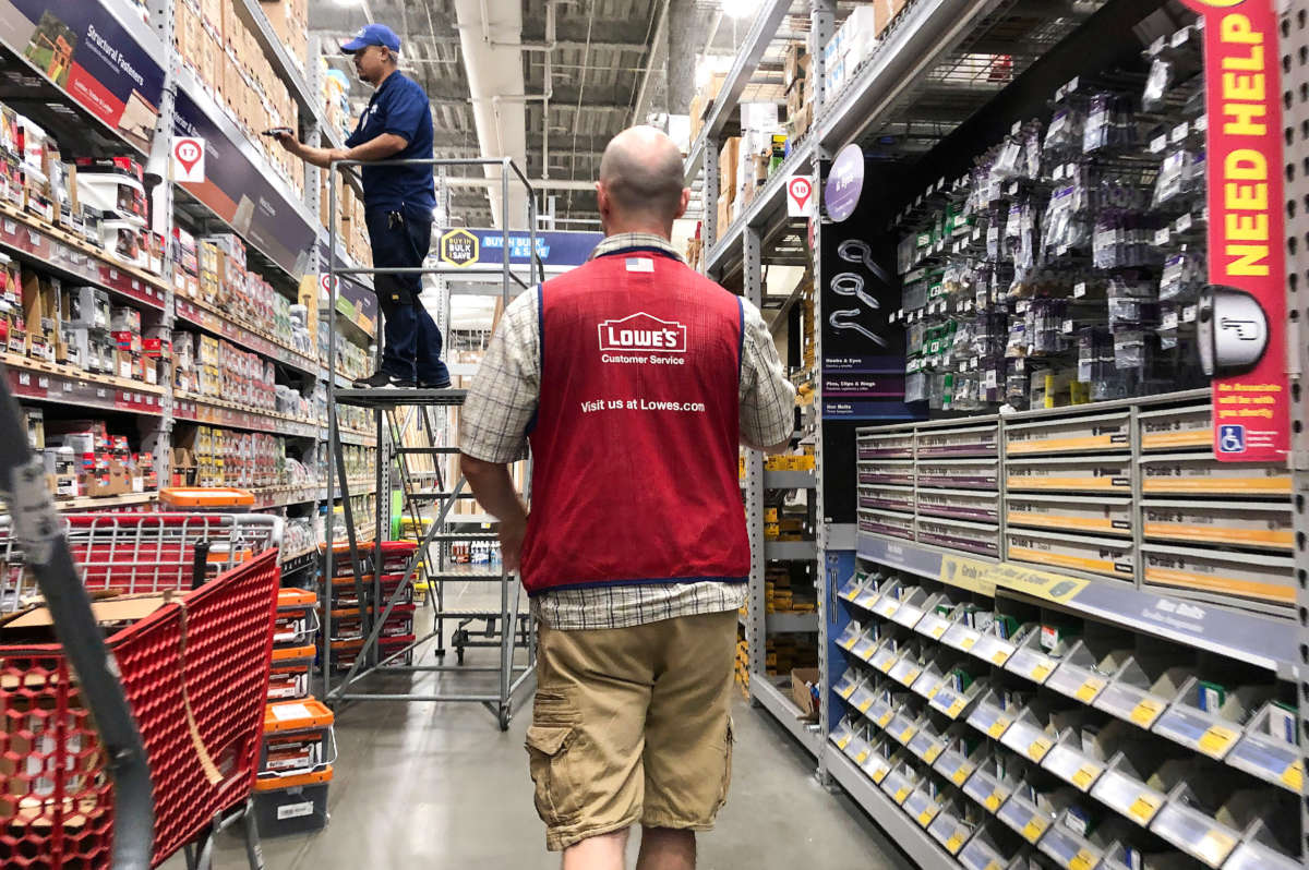 Employees work inside a Lowe's store on August 2, 2019, in Los Angeles, California.