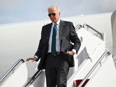President Joe Biden disembarks Air Force One at Joint Base Andrews in Maryland on October 17, 2022.