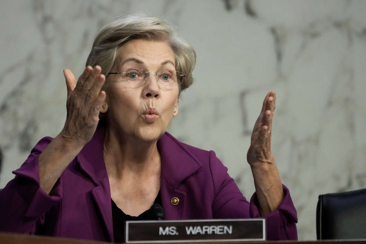 Sen. Elizabeth Warren questions executives of the nation's largest banks during a Senate Banking, Housing, and Urban Affairs Committee hearing on Capitol Hill on September 22, 2022, in Washington, D.C.