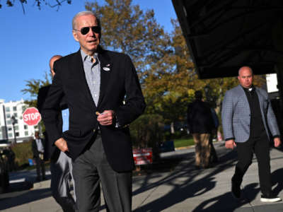 President Joe Biden speaks to the press after voting early in Wilmington, Delaware, on October 29, 2022.