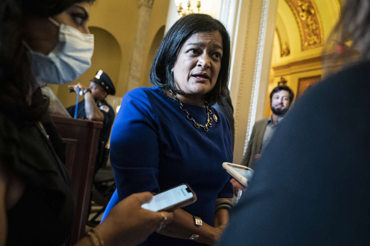 Rep. Pramila Jayapal, chair of the House Progressive Caucus, speaks with reporters after a vote on Capitol Hill on Thursday, July 28, 2022 in Washington, DC.