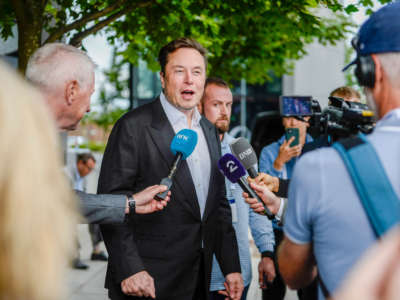 Tesla CEO Elon Musk gives interviews as he arrives at the Offshore Northern Seas 2022 meeting in Stavanger, Norway, on August 29, 2022.