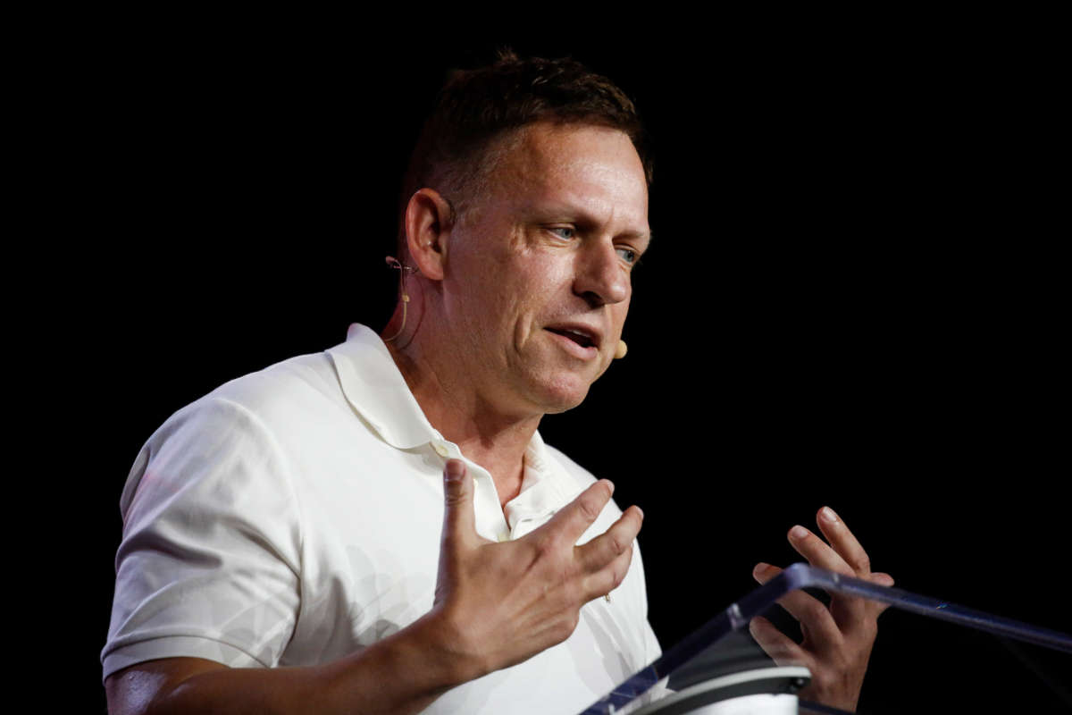 Peter Thiel, co-founder of PayPal, Palantir Technologies, and Founders Fund, gestures as he speaks during the Bitcoin 2022 Conference at Miami Beach Convention Center on April 7, 2022, in Miami, Florida.