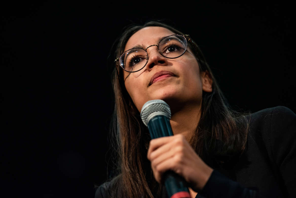 Alexandria Ocasio-Cortez speaks during a rally on January 26, 2020, in Sioux City, Iowa.
