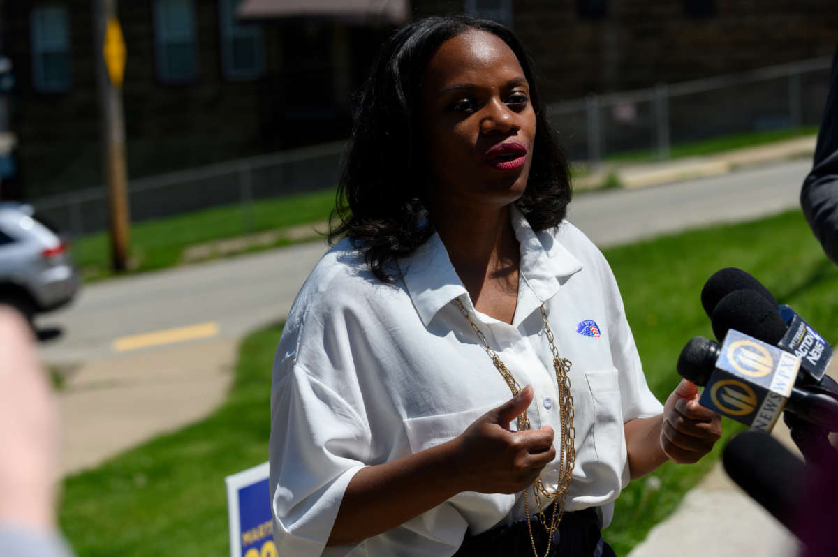 Pennsylvania Democratic Congressional candidate, state Rep. Summer Lee talks to the press outside her polling station at the Paulson Recreation Center on May 17, 2022, in Pittsburgh, Pennsylvania.