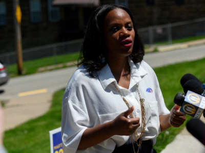 Pennsylvania Democratic Congressional candidate, state Rep. Summer Lee talks to the press outside her polling station at the Paulson Recreation Center on May 17, 2022, in Pittsburgh, Pennsylvania.