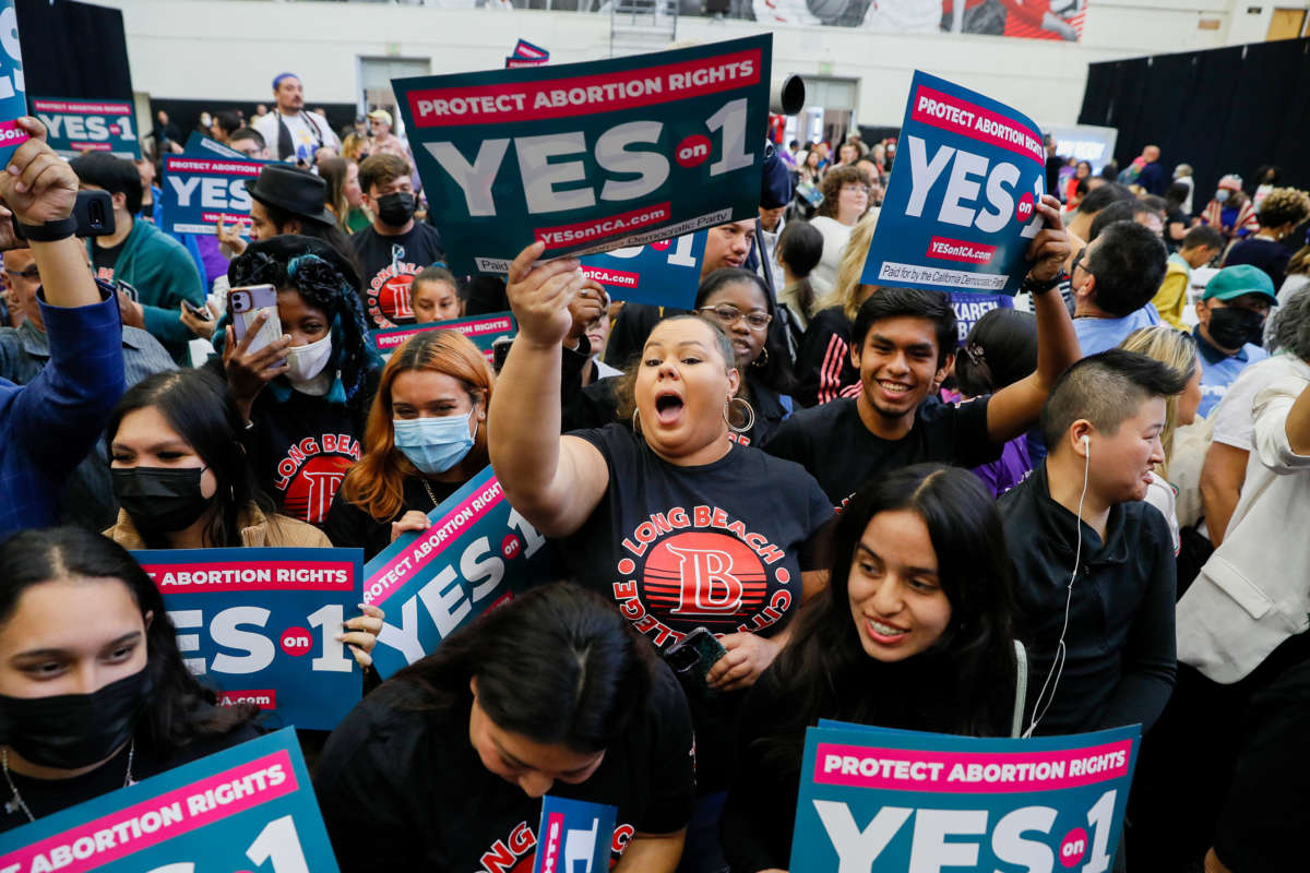 Students rally in favor of Proposition 1, which enshrines the right to abortion in the California Constitution, at Long Beach City College in Long Beach, California, on November 6, 2022.
