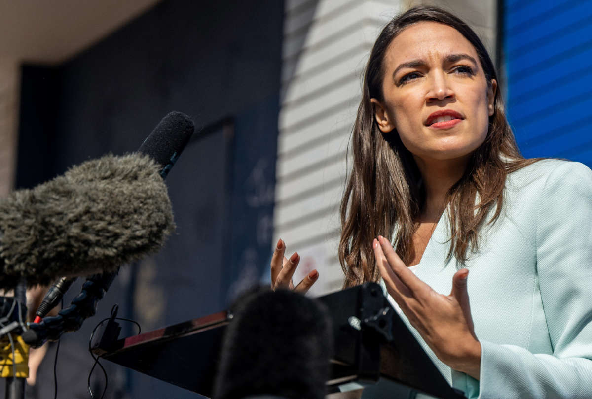 Rep. Alexandria Ocasio-Cortez speaks during a news conference on February 12, 2022, in San Antonio, Texas.
