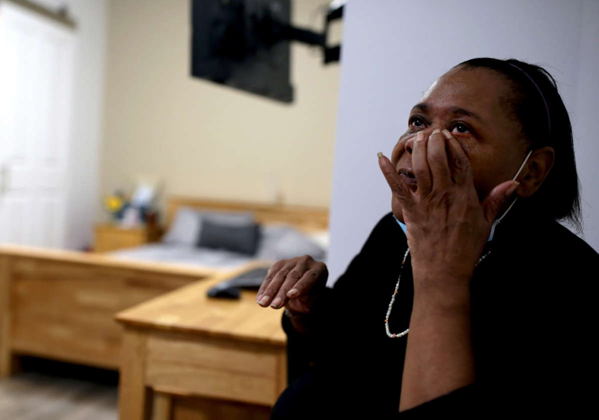 Jackie McDonald, 62, a former U.S. Navy Veteran who was homeless for 14 months, became emotional when describing her feelings about moving into the facility in Boston's Brighton on September 16, 2020.