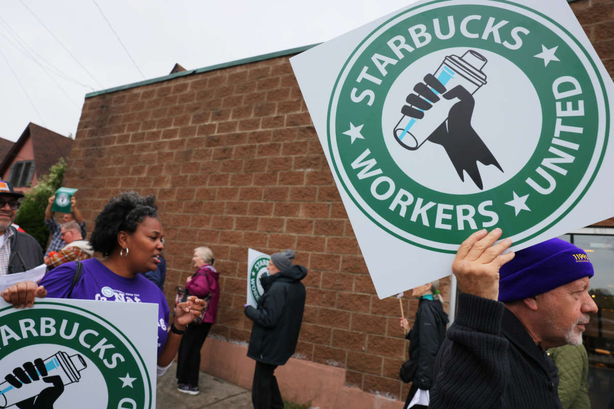 Starbucks workers hold a rally on October 5, 2022, in New York City.