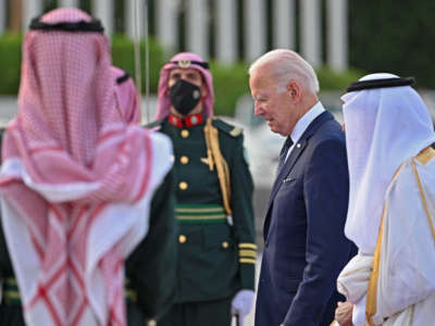 President Joe Biden arrives at the King Abdulaziz International Airport in Jeddah, Saudi Arabia, on July 15, 2022.