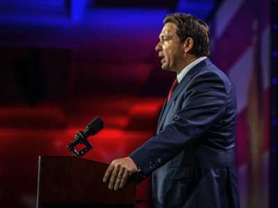 Florida Gov. Ron DeSantis speaks during an election night watch party at the Convention Center in Tampa, Florida, on November 8, 2022.