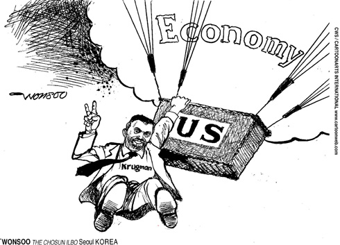 Cartoon depicting Paul Krugman hanging from the US Economy as hot air balloon